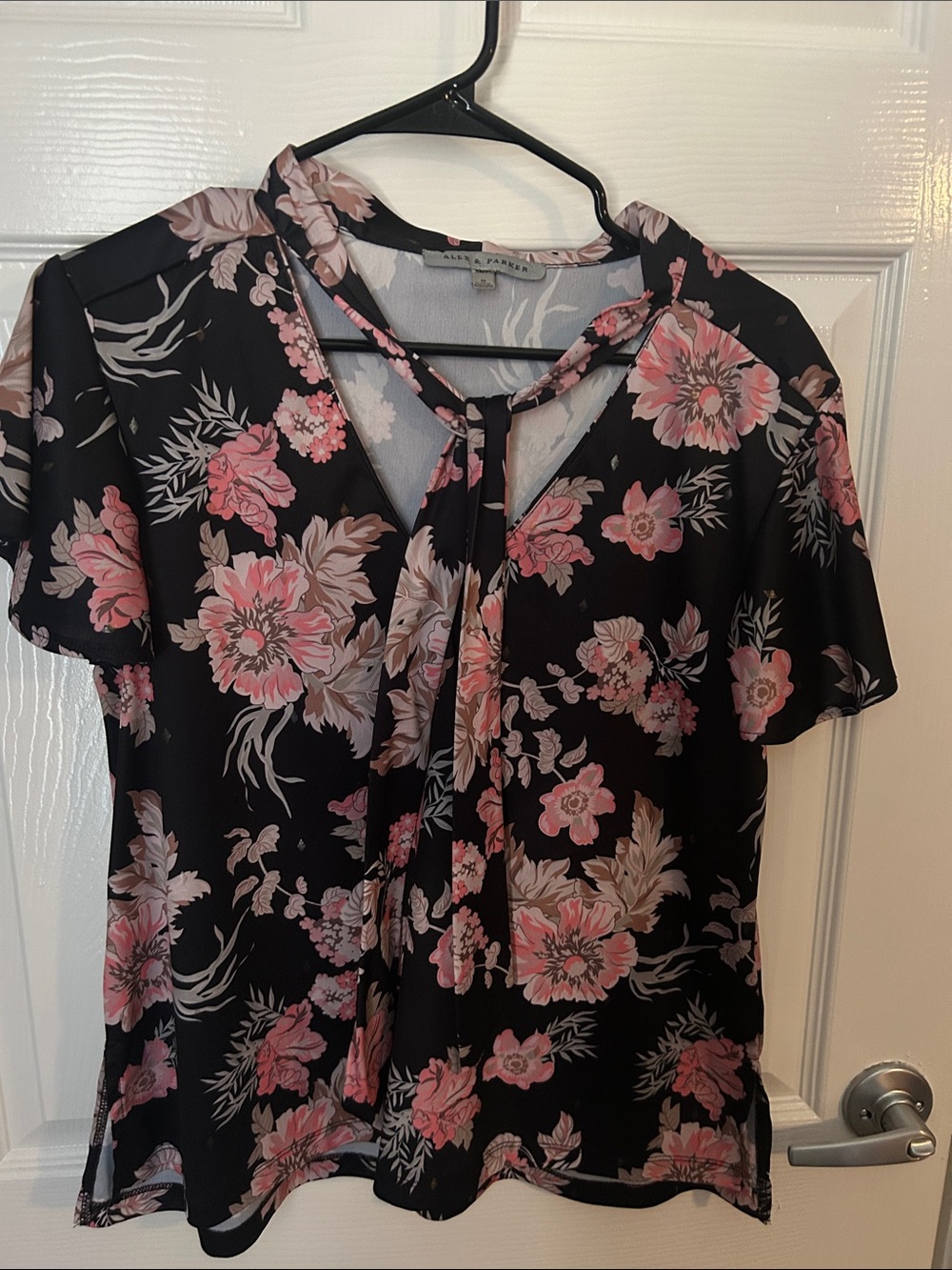 Alfani Black Floral Tie-Neck Blouse with Pink Blooms